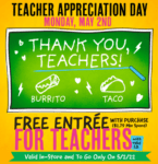 Tijuana Flats Teacher Appreciation Day 2022: Get a FREE entrée with a $2.79 purchase