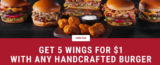 Applebee’s: Get 5 boneless wings for $1 with a handcrafted burger purchase