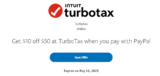 TurboTax Paypal offer: Get $10 off a $50+ purchase